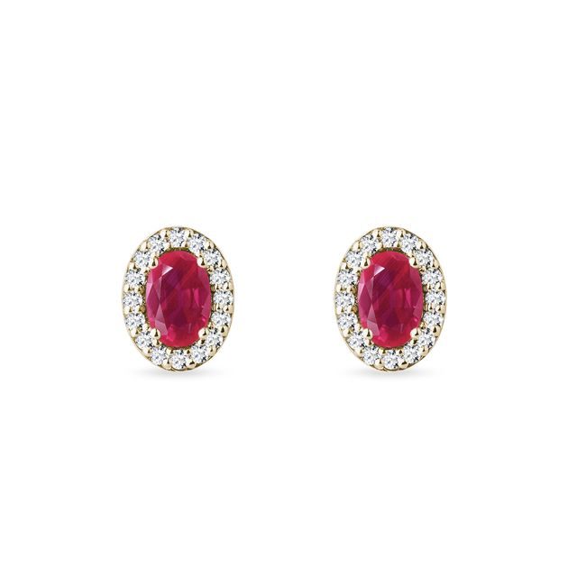 Ruby and diamond halo earrings in yellow gold