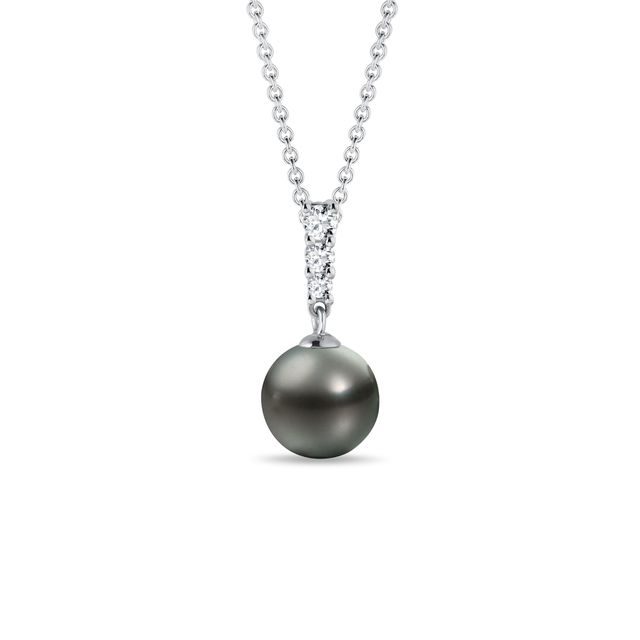 TAHITIAN PEARL WHITE GOLD NECKLACE WITH THREE DIAMONDS - PEARL PENDANTS - PEARL JEWELRY
