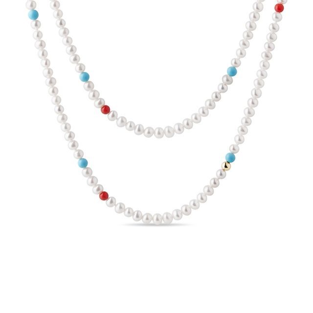 PEARL NECKLACE WITH TURQUOISE AND CORAL IN YELLOW GOLD - PEARL NECKLACES - PEARL JEWELRY