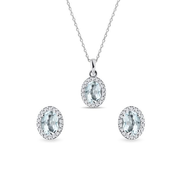 AQUAMARINE HALO JEWELLERY SET IN WHITE GOLD - JEWELLERY SETS - FINE JEWELLERY