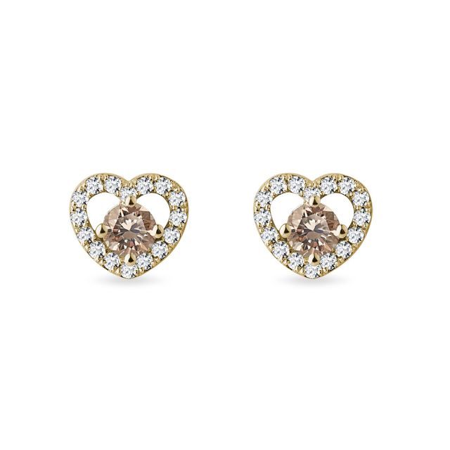 BOUCLES D'OREILLES CŒUR EN OR JAUNE AVEC DIAMANTS CHAMPAGNE - BOUCLES D'OREILLES EN DIAMANT - BOUCLES D'OREILLES