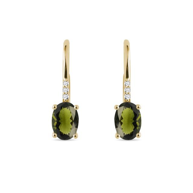 MOLDAVITE AND DIAMOND GOLD DROP EARRINGS - MOLDAVITE EARRINGS - EARRINGS