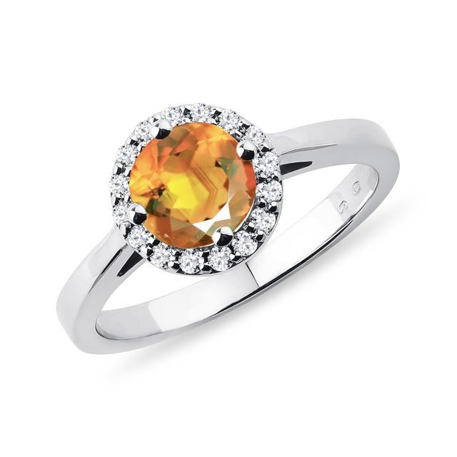 Halo Style Ring with Diamonds and Citrine in White Gold