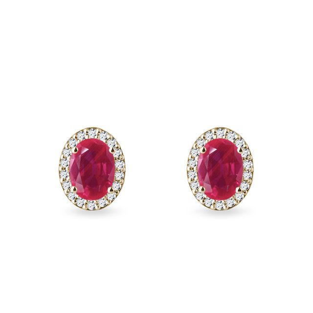 OVAL RUBY AND DIAMOND HALO EARRINGS IN YELLOW GOLD - RUBY EARRINGS - EARRINGS