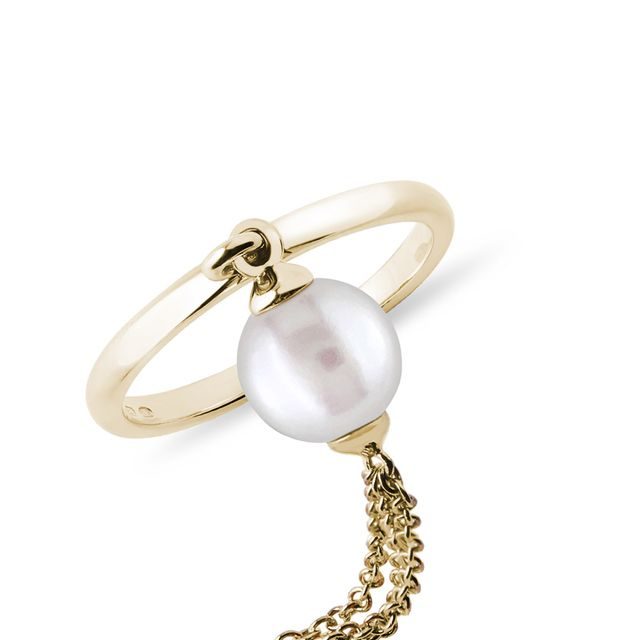 RING MIT PERLE UND KETTE AUS GELBGOLD - PERLEN RINGE - PERLEN