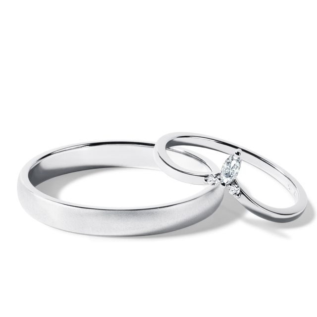 DIAMOND CHEVRON AND SATIN FINISH WEDDING RING SET IN WHITE GOLD - WHITE GOLD WEDDING SETS - WEDDING RINGS