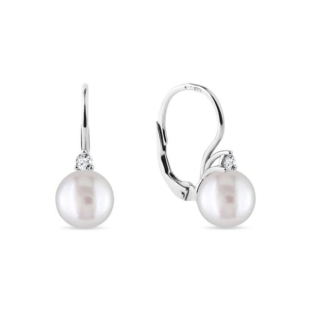 WHITE GOLD EARRINGS WITH PEARL AND BRILLIANT - PEARL EARRINGS - PEARL JEWELRY