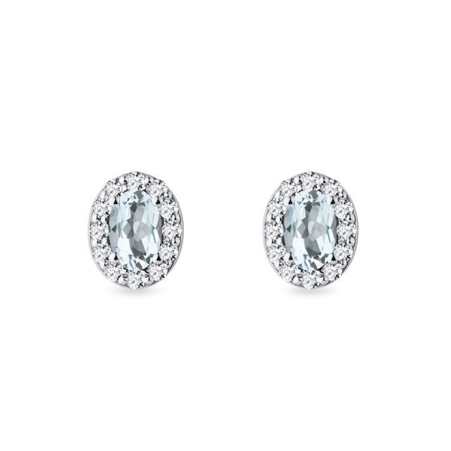 OVAL AQUAMARINE AND DIAMOND WHITE GOLD HALO STUD EARRINGS - AQUAMARINE EARRINGS - EARRINGS