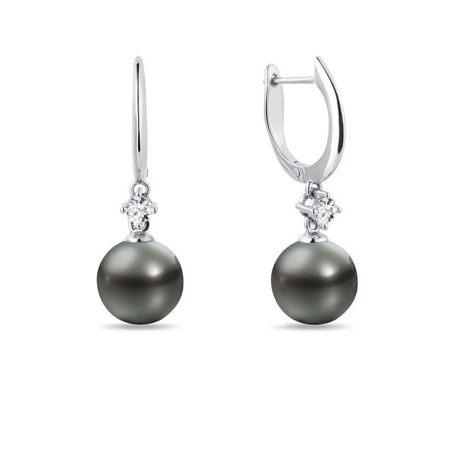 TAHITIAN PEARL AND DIAMOND EARRINGS IN WHITE GOLD - PEARL EARRINGS - PEARL JEWELRY