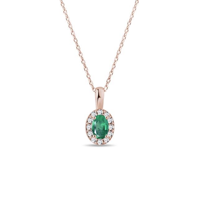 EMERALD AND DIAMOND HALO NECKLACE IN ROSE GOLD - EMERALD NECKLACES - NECKLACES