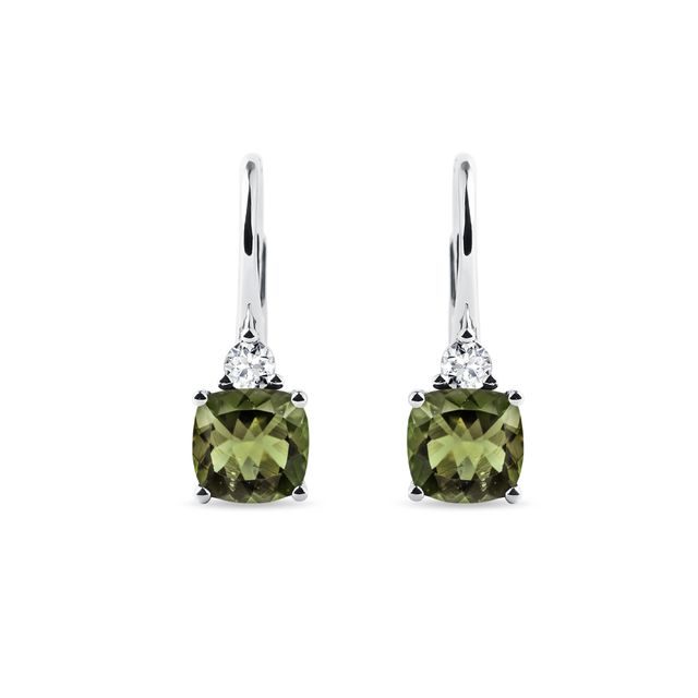MOLDAVITOHRRINGE AUS 14 KT WEISSGOLD MIT DIAMANTEN - OHRRINGE MIT MOLDAVIT - OHRRINGE