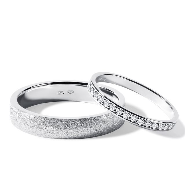 DIAMOND AND STARDUST FINISH WHITE GOLD WEDDING RING SET - WHITE GOLD WEDDING SETS - WEDDING RINGS