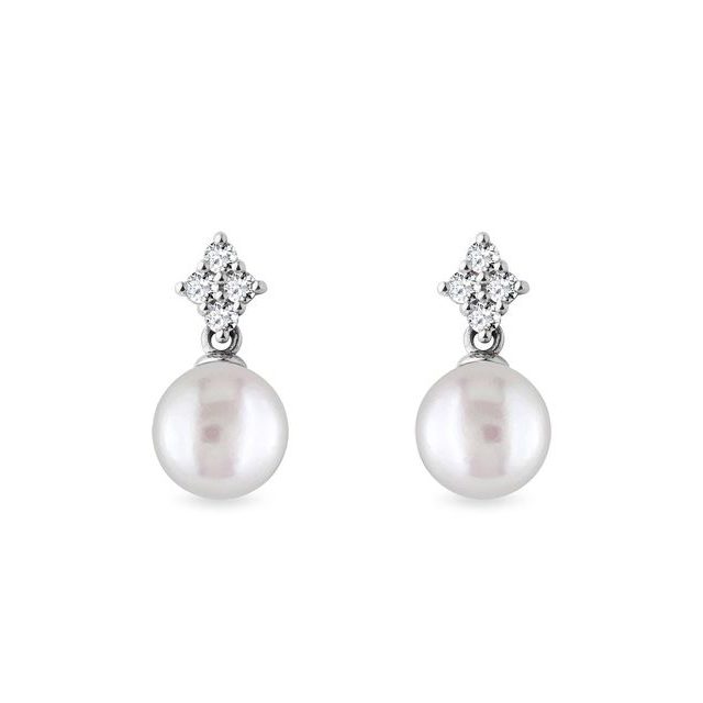 PEARL EARRINGS WITH DIAMONDS IN 14K WHITE GOLD - PEARL EARRINGS - PEARL JEWELRY