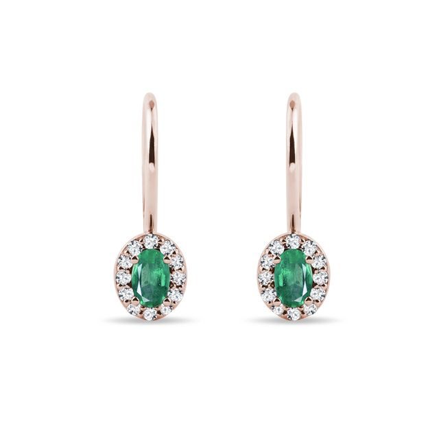 EMERALD AND DIAMOND HALO EARRINGS IN ROSE GOLD - EMERALD EARRINGS - EARRINGS