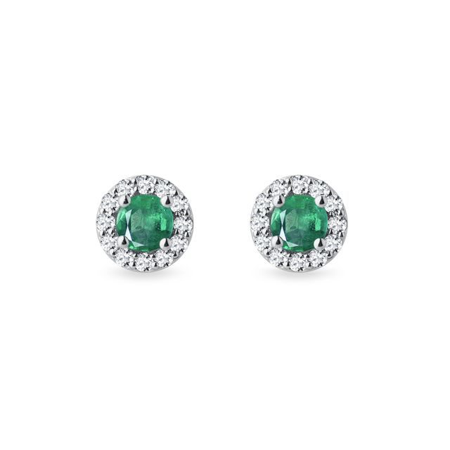 EMERALD AND DIAMOND HALO EARRINGS IN WHITE GOLD - EMERALD EARRINGS - EARRINGS