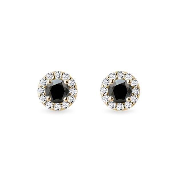 BLACK AND WHITE DIAMOND HALO EARRINGS IN YELLOW GOLD - DIAMOND STUD EARRINGS - EARRINGS