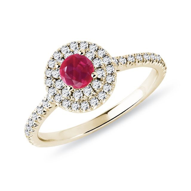 GELBGOLDENER HALO-RING MIT RUBIN UND DIAMANT - RUBIN-VERLOBUNGSRINGE - VERLOBUNGSRINGE