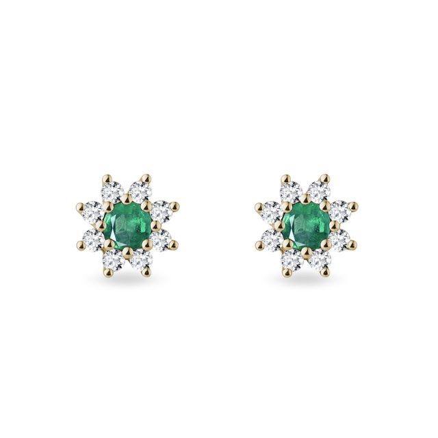 GELBGOLDENE BLUMENOHRRINGE MIT SMARAGDEN UND DIAMANTEN - OHRRINGE MIT SMARAGD - OHRRINGE