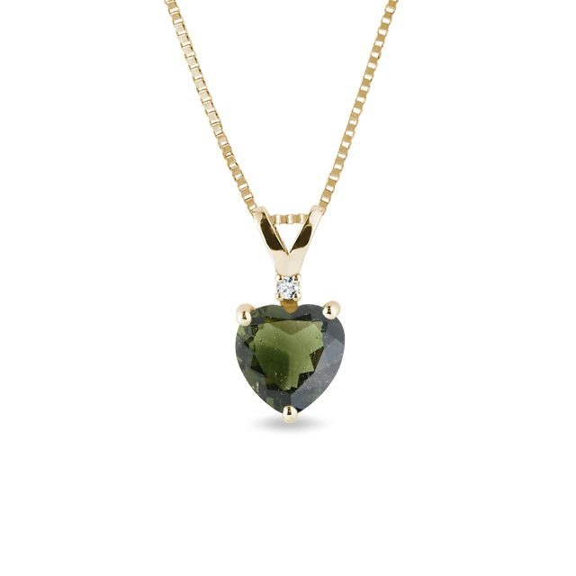 Moldavite heart and diamond necklace in gold