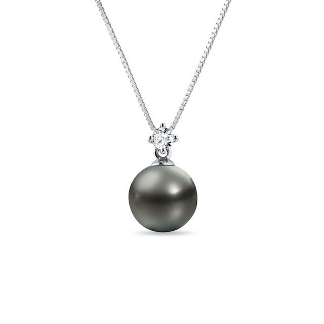 TAHITIAN PEARL AND DIAMOND WHITE GOLD NECKLACE - PEARL PENDANTS - PEARL JEWELRY