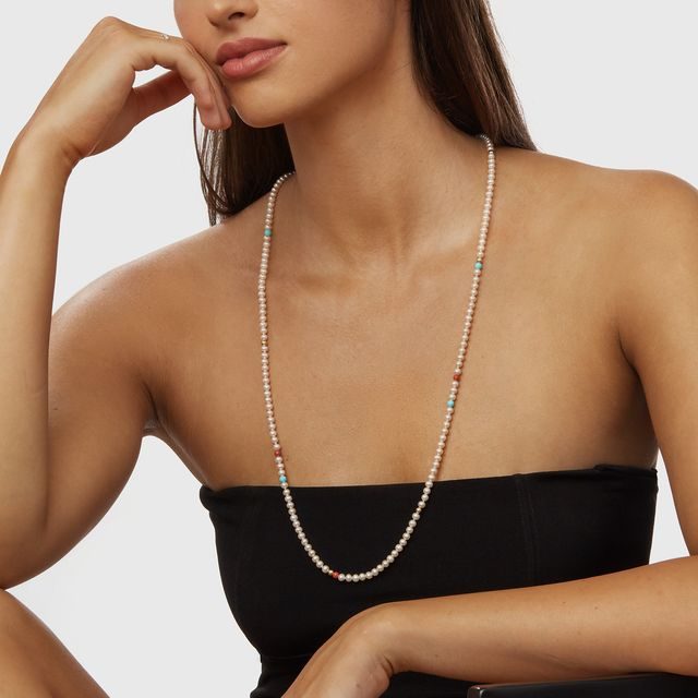 Dlhý perlový náhrdelník s tyrkysom a koralom | KLENOTA