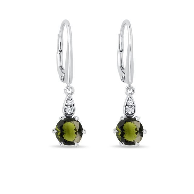 MOLDAVITE AND DIAMOND DROP EARRINGS IN WHITE GOLD - MOLDAVITE EARRINGS - EARRINGS
