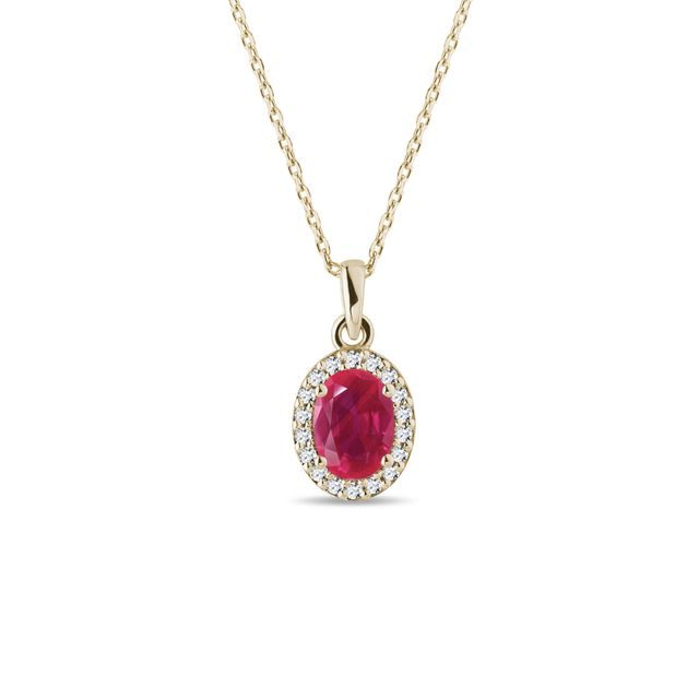 RUBY AND DIAMOND HALO NECKLACE IN YELLOW GOLD - RUBY NECKLACES - NECKLACES