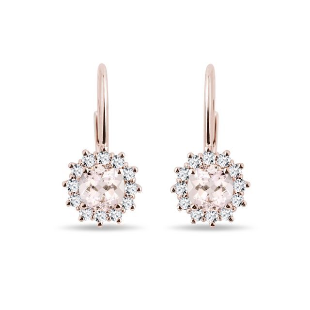 BOUCLES D'OREILLES D'OR ROSE AVEC MORGANITES ET BRILLANTS - BOUCLES D'OREILLES EN MORGANITE - BOUCLES D'OREILLES