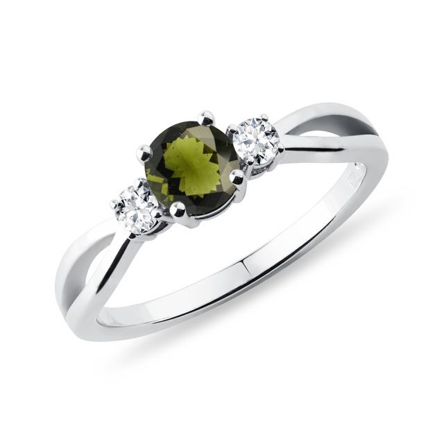 ROUND MOLDAVITE AND DIAMOND RING IN 14LK WHITE GOLD - MOLDAVITE RINGS - RINGS