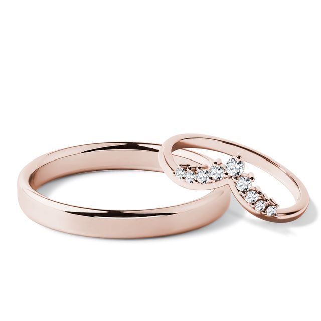 ALLIANCES EN OR ROSE, BAGUE CHEVRON AVEC DIAMANTS - ENSEMBLE D’ALLIANCES EN OR ROSE - ALLIANCES DE MARIAGE