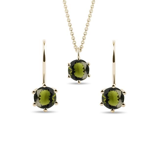 SET AUS HALSKETTE UND OHRRINGEN MIT MOLDAVIT IN GELBGOLD - SCHMUCK SETS EDELSTEINE - SCHMUCK
