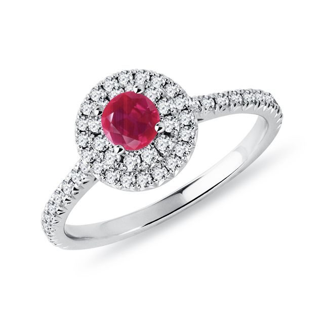 WEISSGOLDENER HALO-RING MIT RUBIN UND DIAMANT - RUBIN-VERLOBUNGSRINGE - VERLOBUNGSRINGE