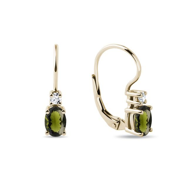 OHRRINGE AUS GELBGOLD MIT OVALEN MOLDAVITEN UND DIAMANTEN - OHRRINGE MIT MOLDAVIT - OHRRINGE