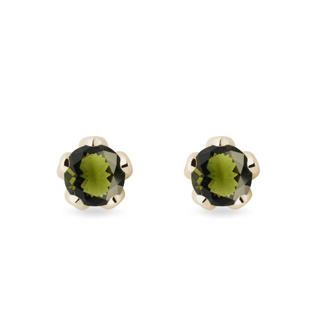 PUCES D'OREILLES D'OR BLANC SERTIES DE MOLDAVITES - BOUCLES D'OREILLES EN MOLDAVITE - BOUCLES D'OREILLES