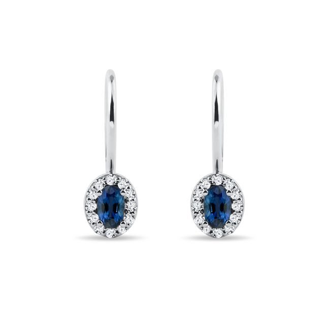 BOUCLES D'OREILLES EN OR BLANC AVEC SAPHIR OVALE ET DIAMANTS - BOUCLES D'OREILLES EN SAPHIR - BOUCLES D'OREILLES