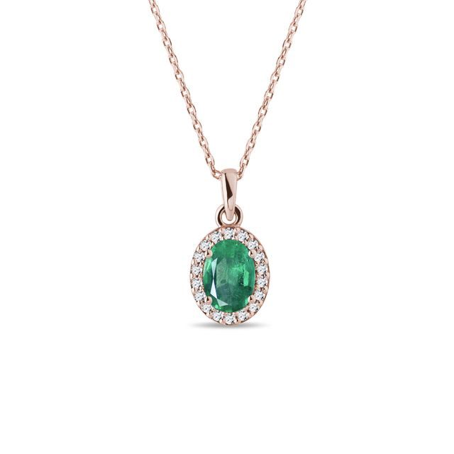 EMERALD AND DIAMOND OVAL PENDANT IN ROSE GOLD - EMERALD NECKLACES - NECKLACES