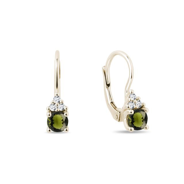 BOUCLES D'OREILLES PENDANTES AVEC VLTAVINE ET DIAMANTS EN OR - BOUCLES D'OREILLES EN MOLDAVITE - BOUCLES D'OREILLES