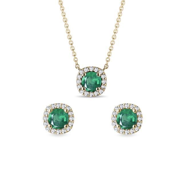 BOUCLES D'OREILLES ET COLLIER EN OR, ÉMERAUDES, DIAMANTS - ENSEMBLES DE BIJOUX EN GEMMES - BIJOUX