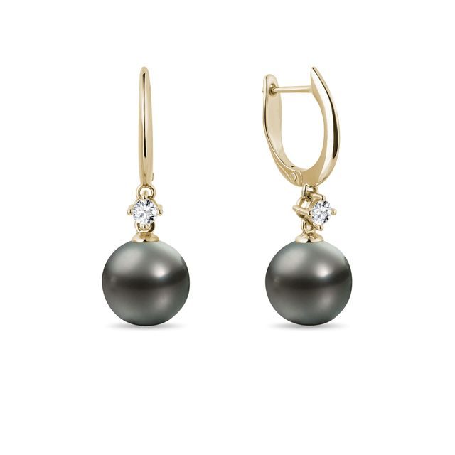 GELBGOLDENE OHRRINGE MIT TAHITIPERLE UND DIAMANTEN - PERLEN OHRRINGE - PERLEN