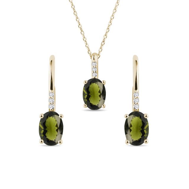 MOLDAVITE JEWELRY SET IN 14K YELLOW GOLD - GEMSTONE SETS - FINE JEWELRY