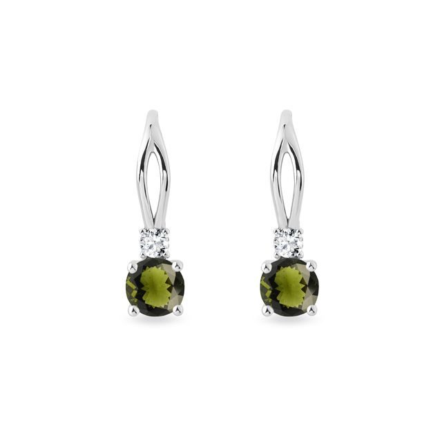 ROUND MOLDAVITE EARRINGS IN 14 WHITE GOLD - MOLDAVITE EARRINGS - EARRINGS