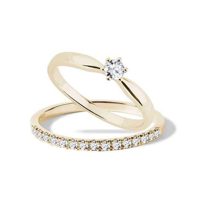 JEU D'ANNEAUX DE MARIAGE EN OR JAUNE AVEC DIAMANTS - BAGUE DE FIANÇAILLES ET ALLIANCE ASSORTIES - BAGUES DE FIANÇAILLES