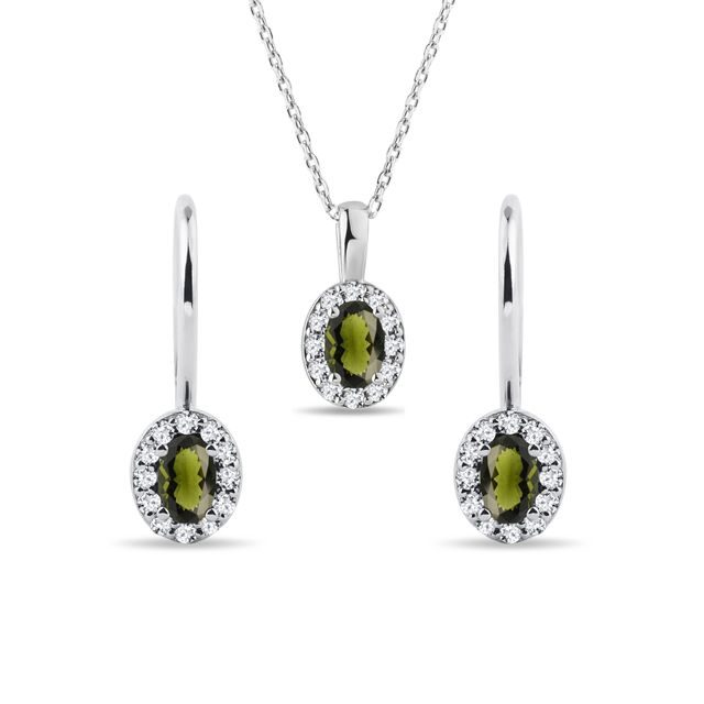 SET HALO ŠPERKŮ S VLTAVÍNY A DIAMANTY V BÍLÉM ZLATĚ - DRAHOKAMOVÉ SOUPRAVY - ŠPERKY