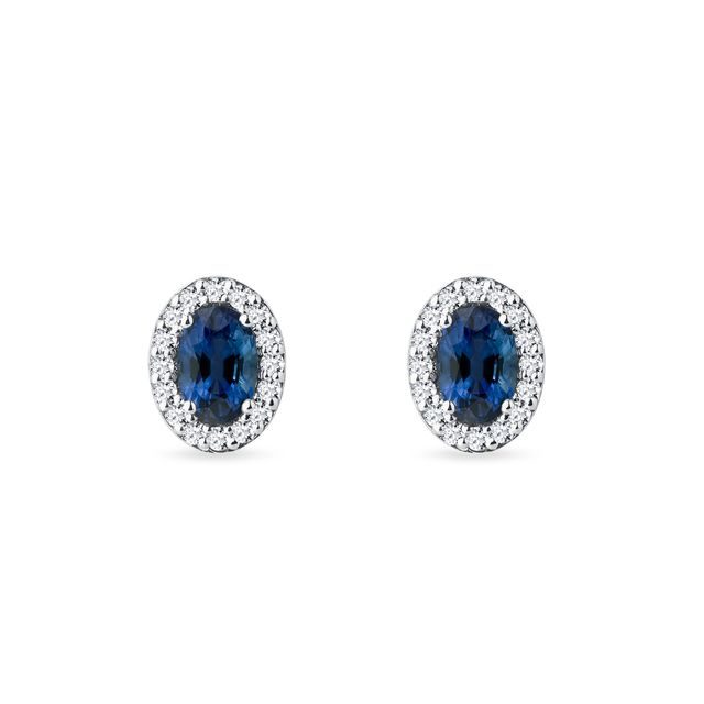 BOUCLES D'OREILLES EN OR BLANC AVEC DIAMANTS ET SAPHIRS OVALES - BOUCLES D'OREILLES EN SAPHIR - BOUCLES D'OREILLES