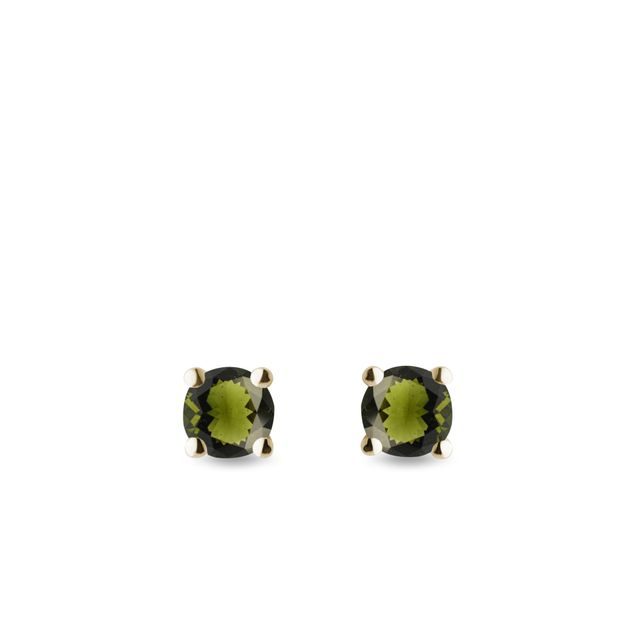 MOLDAVITE STUDS IN 14K YELLOW GOLD - MOLDAVITE EARRINGS - EARRINGS