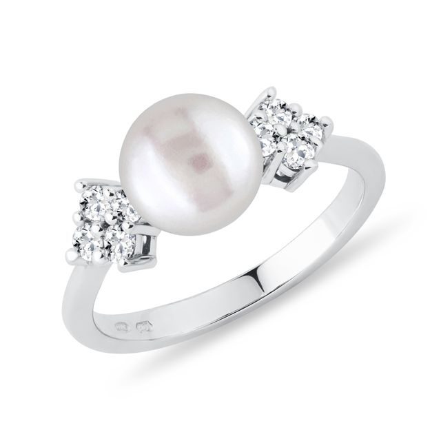 PEARL AND DIAMOND RING IN 14K WHITE GOLD - PEARL RINGS - PEARL JEWELRY