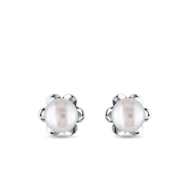 PEARL FLOWER STUD EARRINGS IN WHITE GOLD - PEARL EARRINGS - PEARL JEWELRY