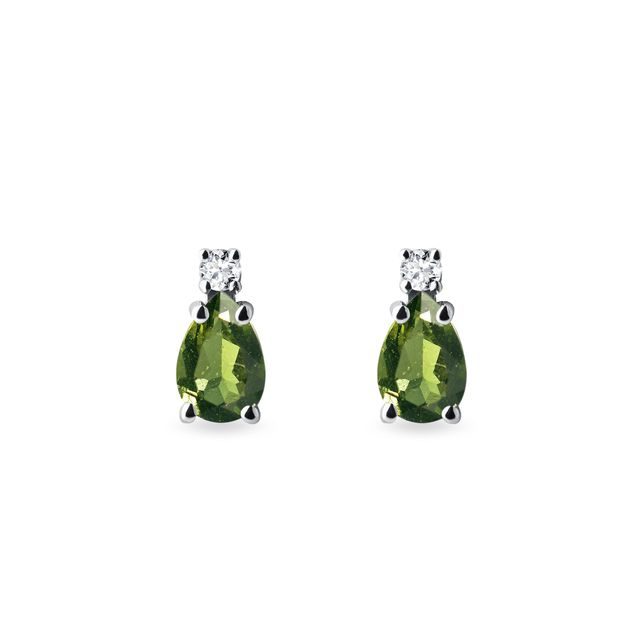 BOUCLES D'OREILLES EN OR BLANC ORNÉES DE MOLDAVITES ET DE DIAMANTS - BOUCLES D'OREILLES EN MOLDAVITE - BOUCLES D'OREILLES