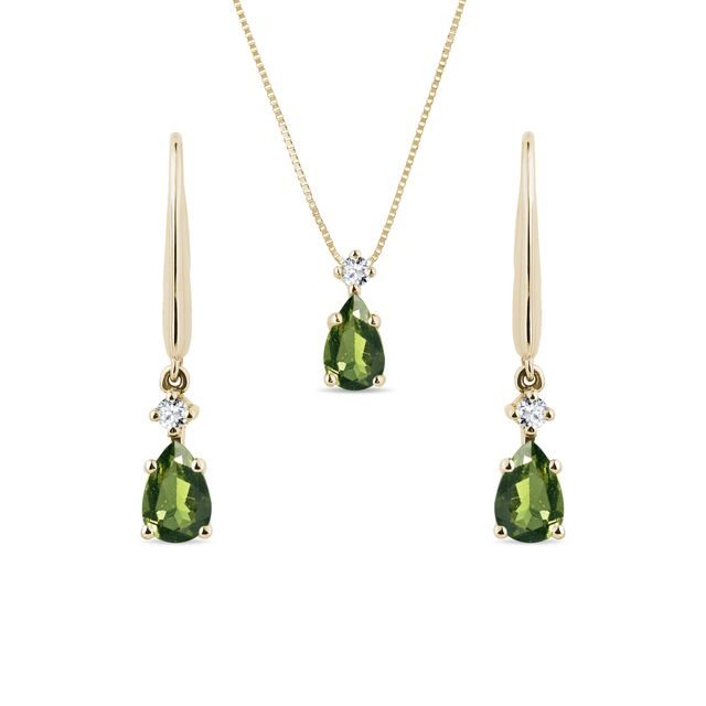 MOLDAVITE NECKLACE AND EARRING SET IN YELLOW GOLD - GEMSTONE SETS - FINE JEWELRY