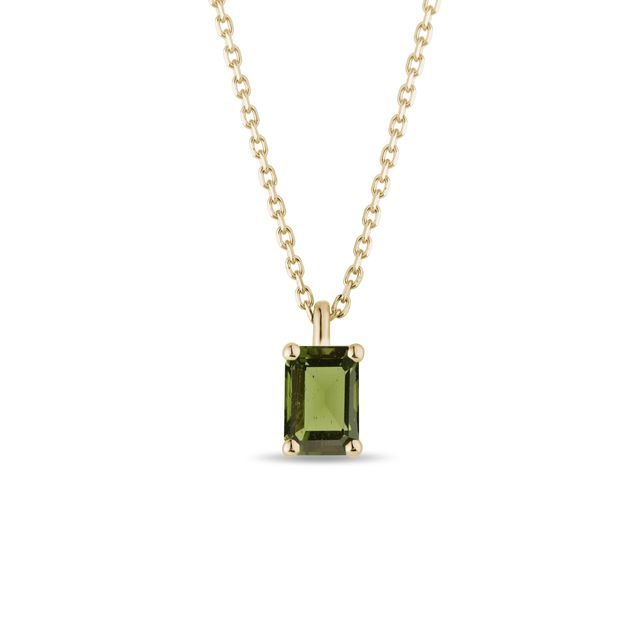 OCTAGON CUT MOLDAVITE AND DIAMOND NECKLACE IN YELLOW GOLD - MOLDAVITE NECKLACES - NECKLACES